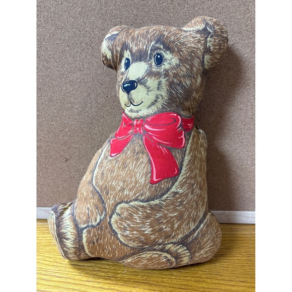 Other - Vintage Fabric Teddy Bear Pillow‎ Brown Printed Cotton Plush Red Bow Decor